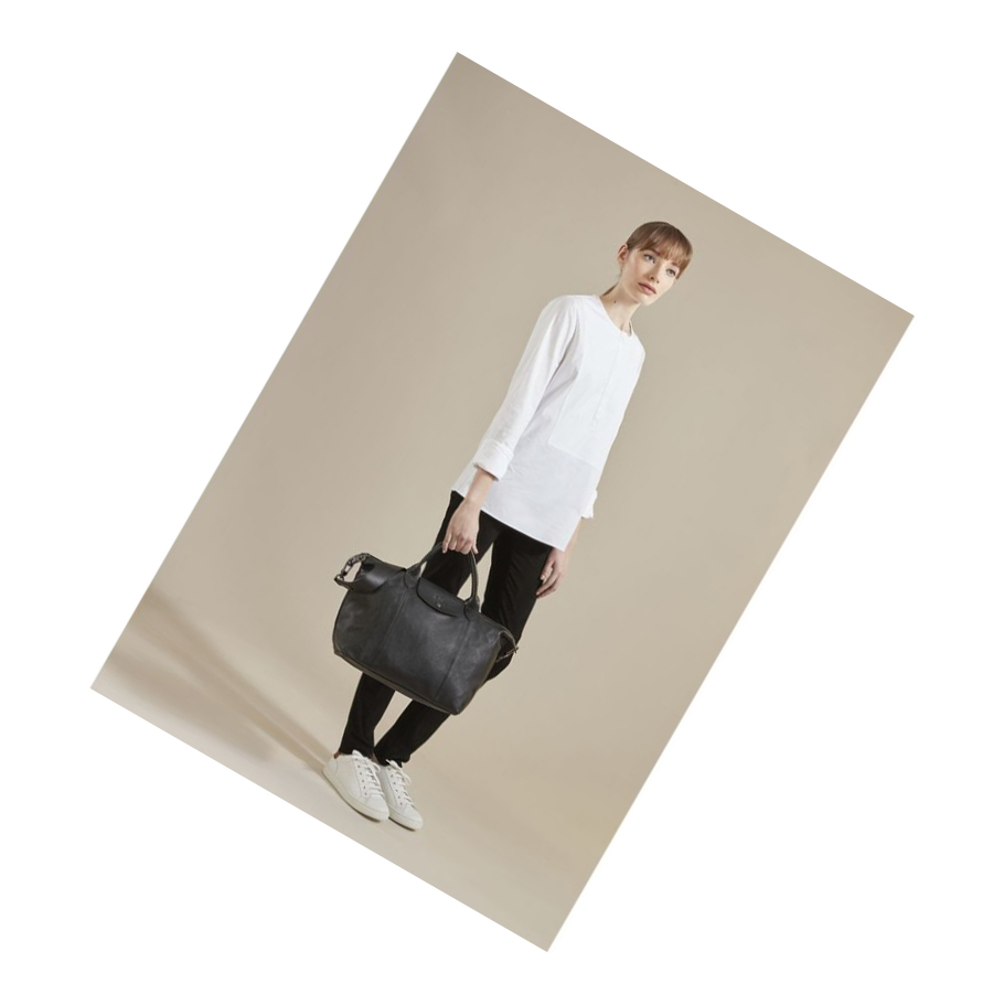 Női Longchamp Le Pliage Cuir M Kézitáska Fekete | HU-JWD0526