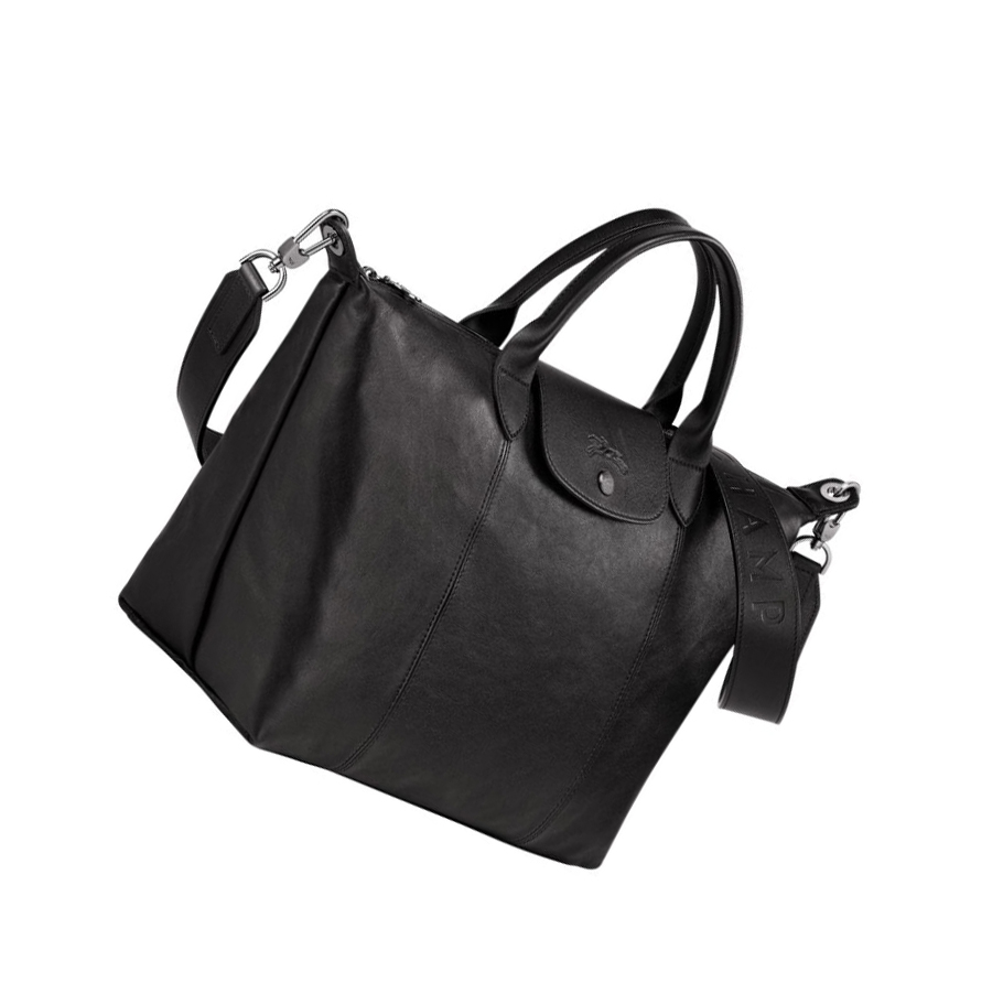 Női Longchamp Le Pliage Cuir M Kézitáska Fekete | HU-JWD0526