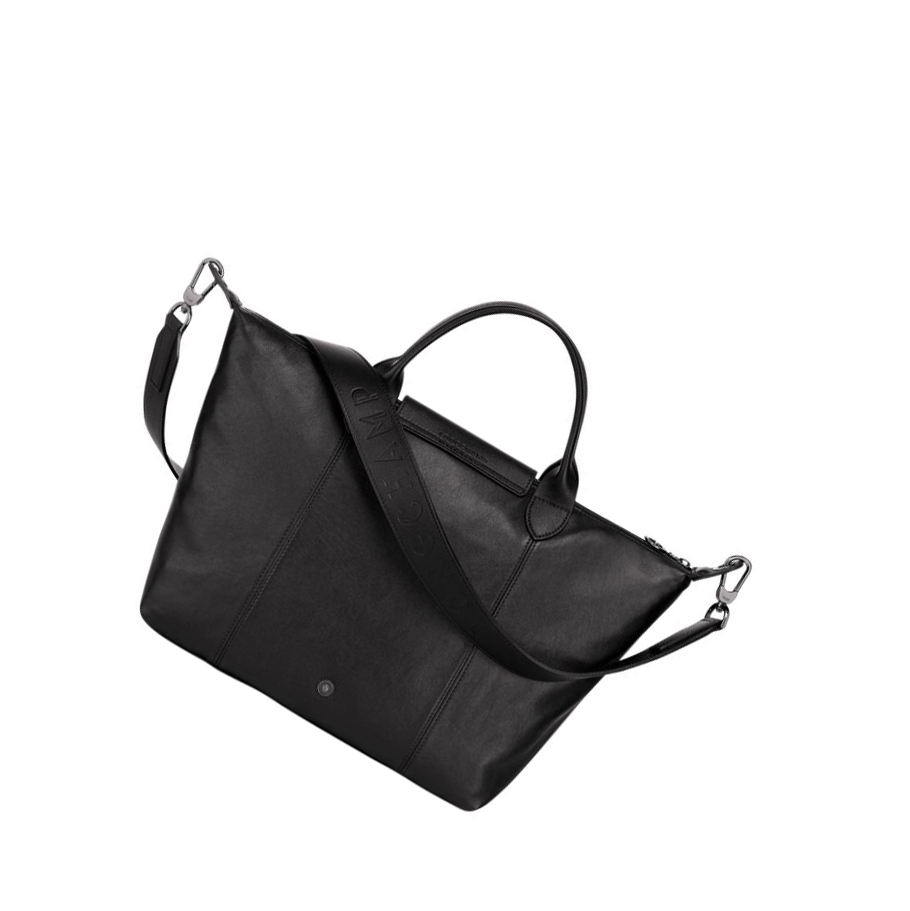 Női Longchamp Le Pliage Cuir M Kézitáska Fekete | HU-JWD0526