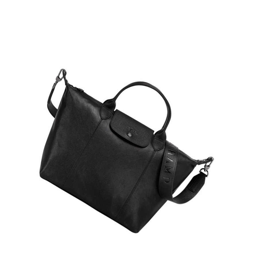 Női Longchamp Le Pliage Cuir M Kézitáska Fekete | HU-JWD0526